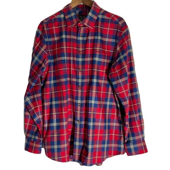 Jos. A Bank Travelers Collection Bank Red Collared Long Sleeve Checkered Shirt L - Picture 1 of 16